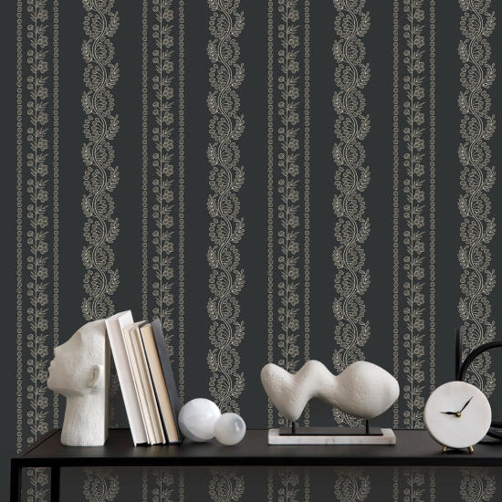 Botanic Stripe Soot Black Floral Wallpaper