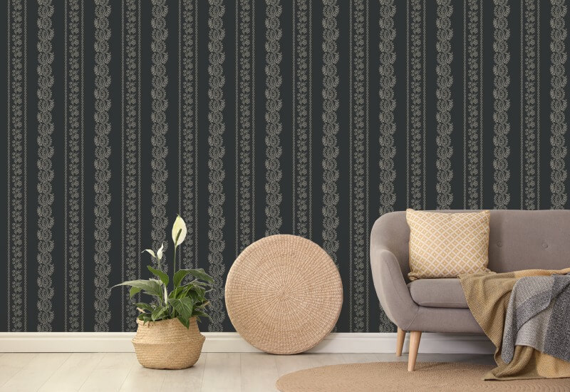 Botanic Stripe Soot Black Floral Wallpaper