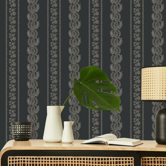 Botanic Stripe Soot Black Floral Wallpaper
