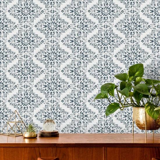 Timbre Damast Steenblauw behang