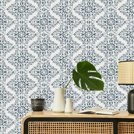 Timbre Damask Stone Blue Wallpaper