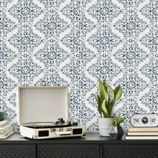 Timbre Damask Stone Blue Wallpaper