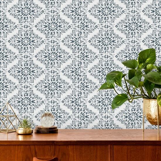 Timbre Damask Stone Blue Wallpaper