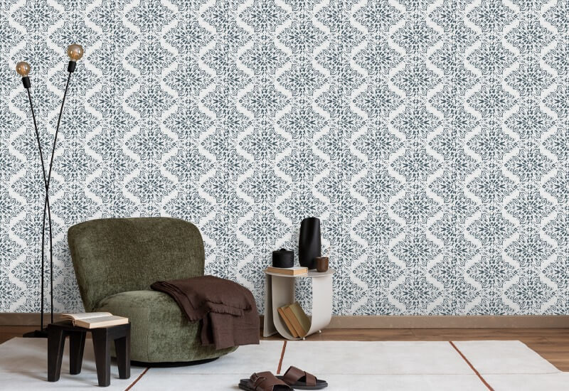 Timbre Damask Stone Blue Wallpaper