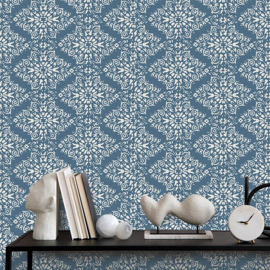 Timbre Damask Papier peint Blue Salt