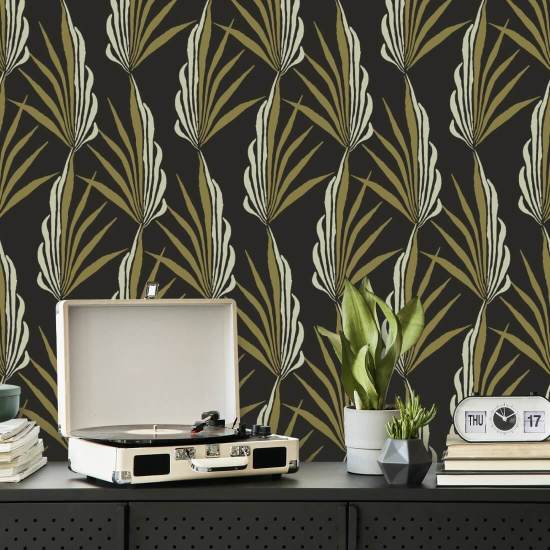 Palmeira Areca Papel de parede preto dourado