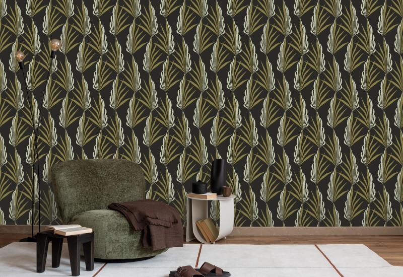 Palmier Areca Papier peint noir doré