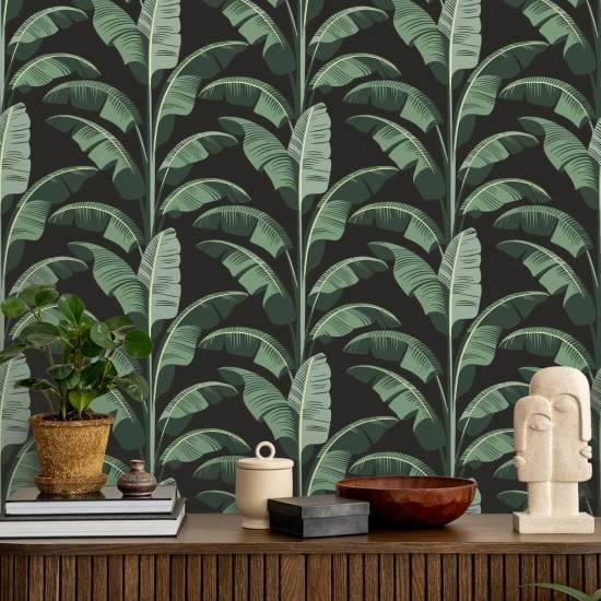 Feuille de bananier Papier peint noir et vert