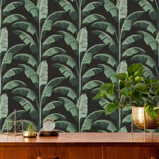 Bananenblad Zwart groen behang