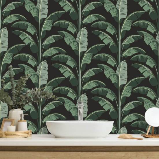 Banana Leaf Black Green Wallpaper