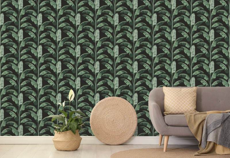 Banana Leaf Black Green Wallpaper