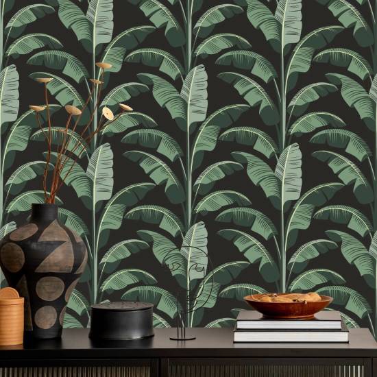 Banana Leaf Black Green Wallpaper