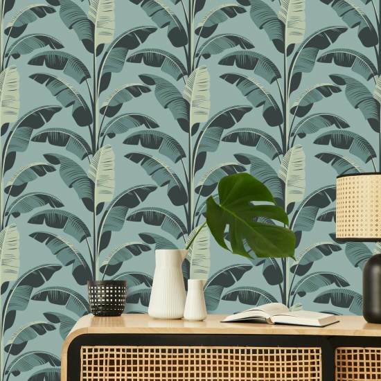 Bananenblad Blauw behang