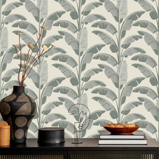 Bananenblad Sage Grey Wallpaper