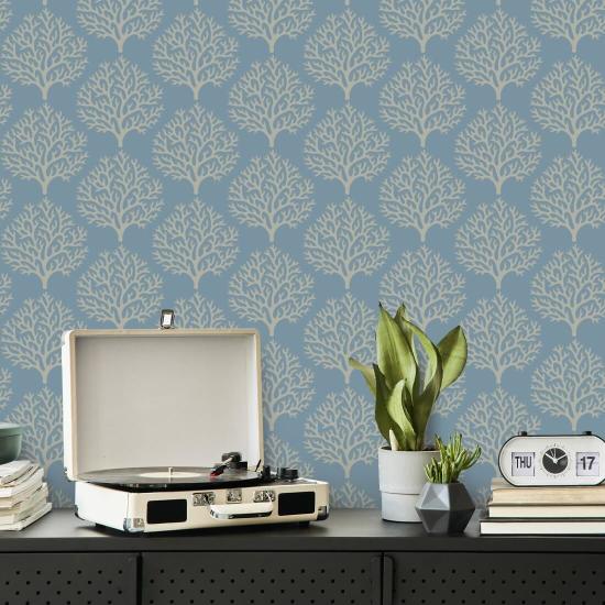 Koraal op het strand Hemelsblauw behang