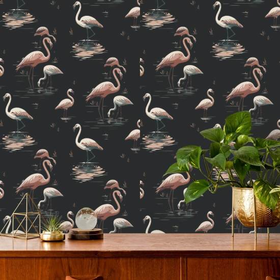 Flamingo Schwarze Sand-Tapete