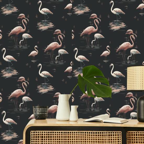 Flamingo Schwarze Sand-Tapete