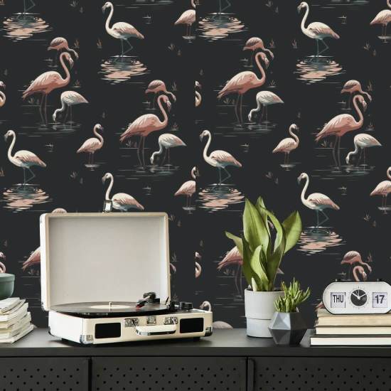 Flamant rose Papier peint Black Sand