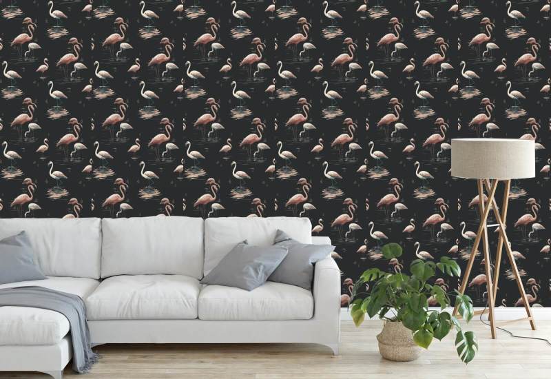 Flamingo Schwarze Sand-Tapete