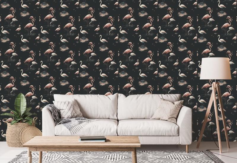 Flamingo Schwarze Sand-Tapete