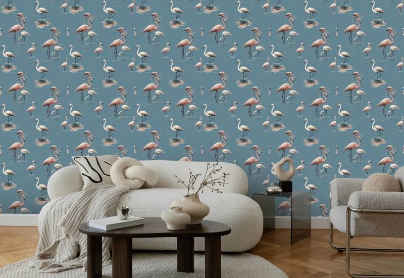 Flamingo Coastal Blue Wallpaper