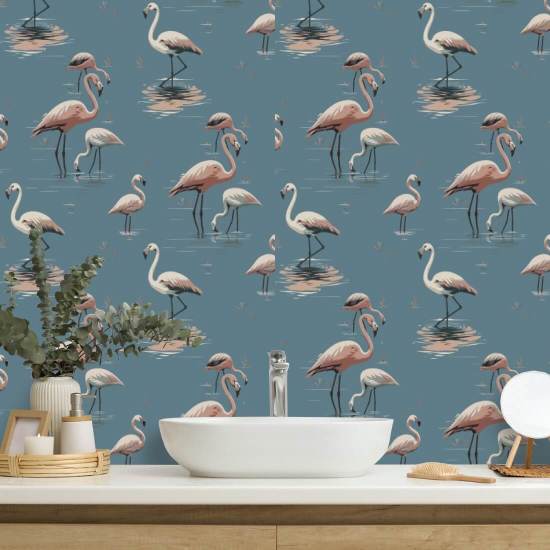 Flamingo Coastal Blue Wallpaper