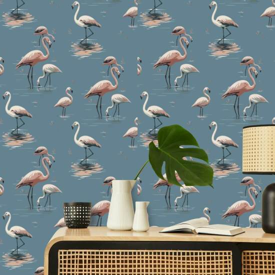 Flamingo Coastal Blue Wallpaper