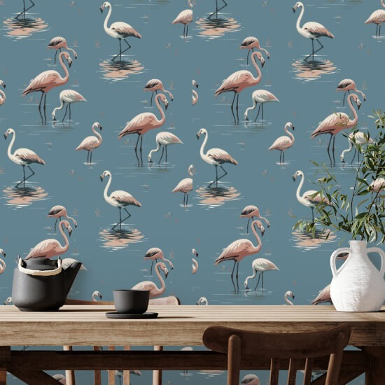 Flamingo Coastal Blue Wallpaper