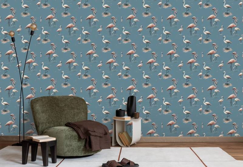 Flamingo Coastal Blue Wallpaper