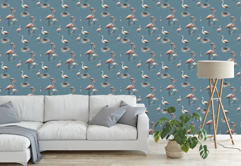 Flamingo Coastal Blue Wallpaper