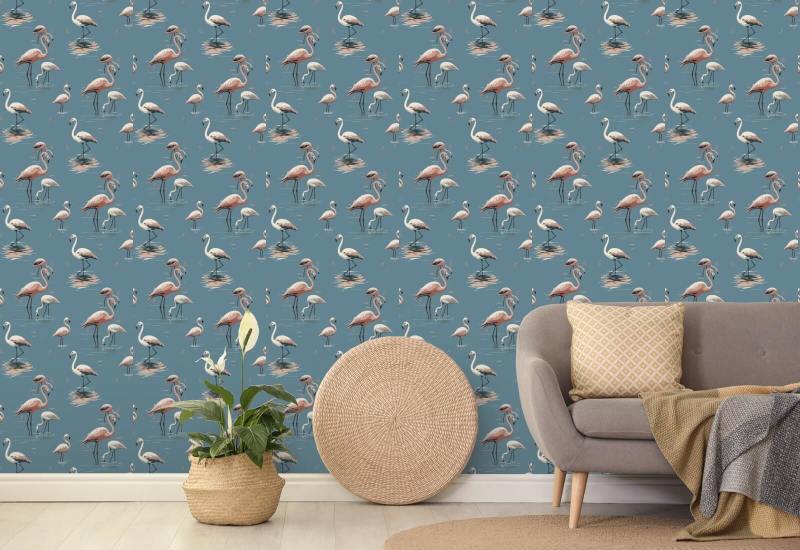 Flamingo Coastal Blue Wallpaper