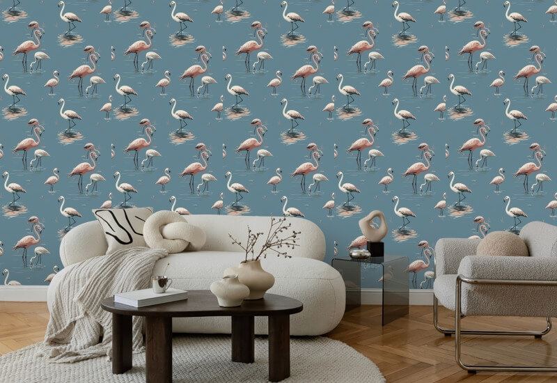 Flamingo Coastal Blue Wallpaper