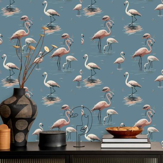 Flamingo Coastal Blue Wallpaper
