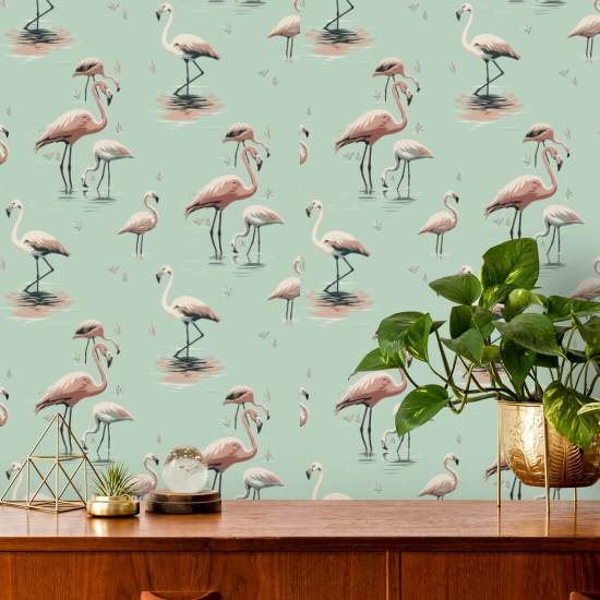 Flamingo Caribbean Green Wallpaper