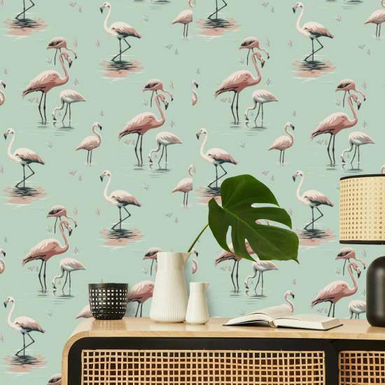 Flamingo Papel de parede verde do Caribe