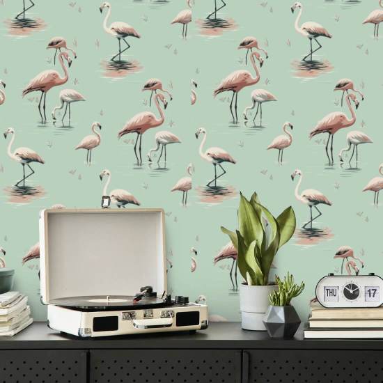 Flamingo Caribbean Green Wallpaper