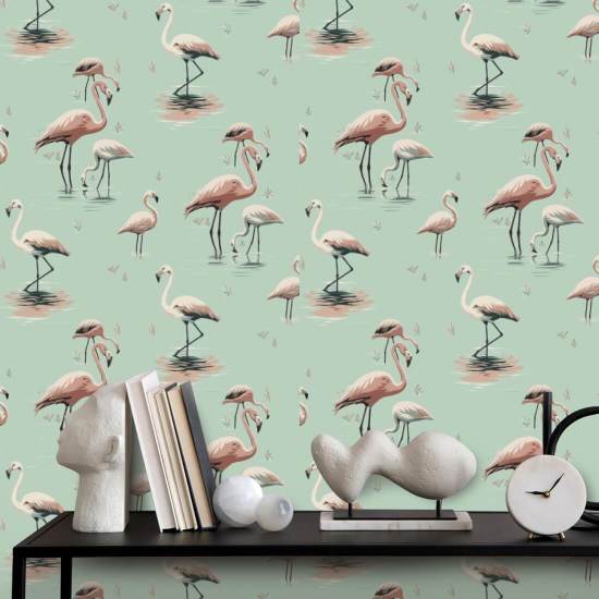 Flamingo Papel de parede verde do Caribe
