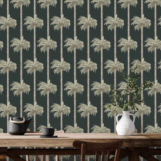 Palmiers Tiki rétro Papier peint noir