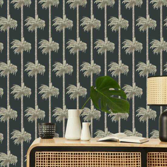 Retro Tiki Palm Trees Black Wallpaper