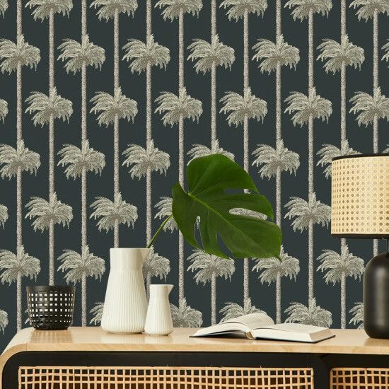 Retro Tiki Palm Trees Black Wallpaper