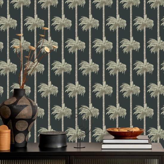 Retro Tiki Palmetræer Sort tapet