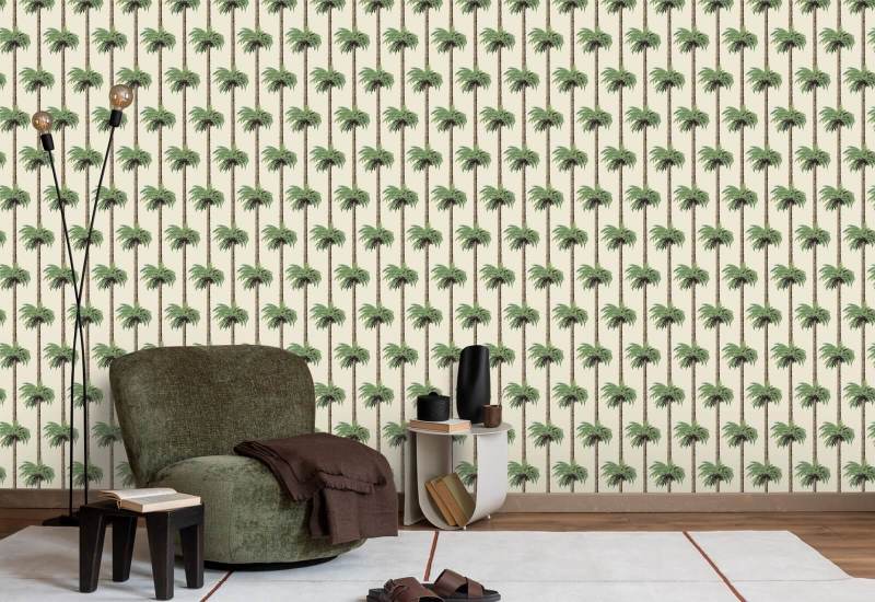 Retro Tiki Palm Trees Linen Wallpaper