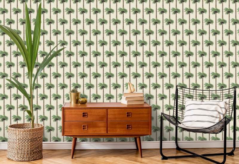 Retro Tiki Palm Trees Linen Wallpaper