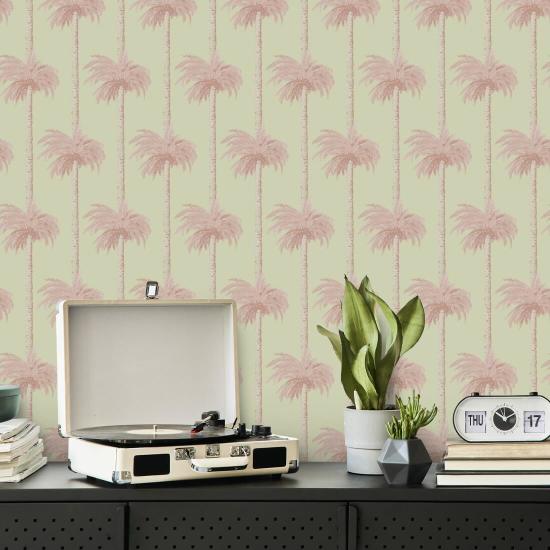 Retro Tiki-palmbomen Roze behang