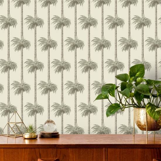 Palmiers Tiki rétro Papier peint beige blanchi au soleil