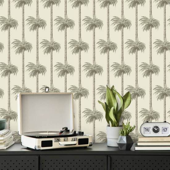 Retro Tiki-palmbomen Zongebleekt beige behang