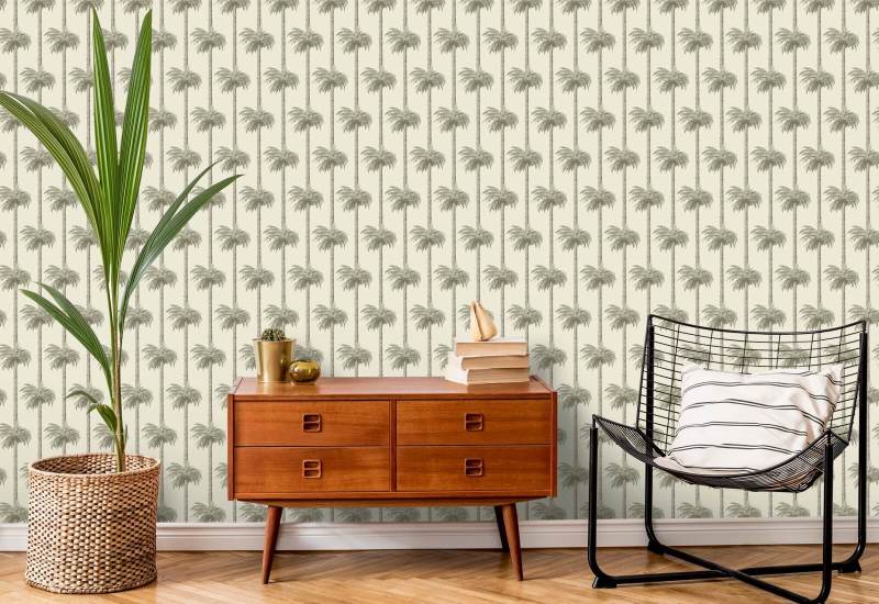 Retro Tiki Palm Trees Sunbleached Beige Wallpaper