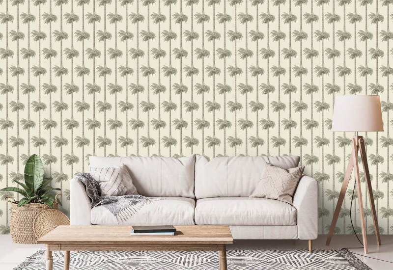 Retro Tiki-palmbomen Zongebleekt beige behang