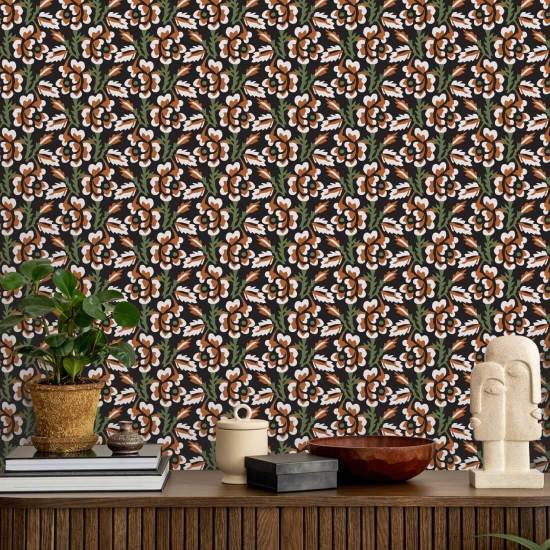 Thorn & Blossom Onyx Persimmon Floral Wallpaper