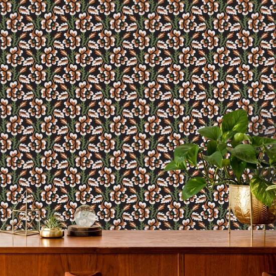 Thorn & Blossom Onyx Persimmon Floral Wallpaper